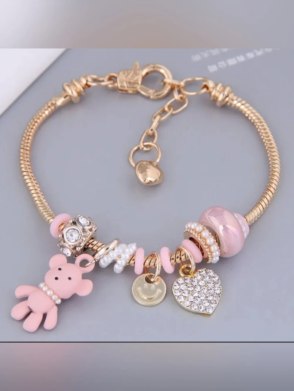 Heart and Teddy Bear Charm Bracelet Pink Zircon Heart Charm